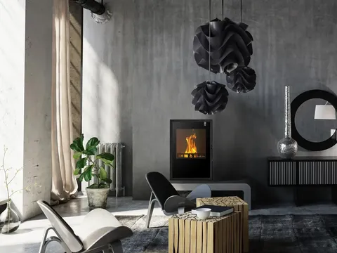Thermo-foyer hybride Girolami TI Vertical installé dans un salon